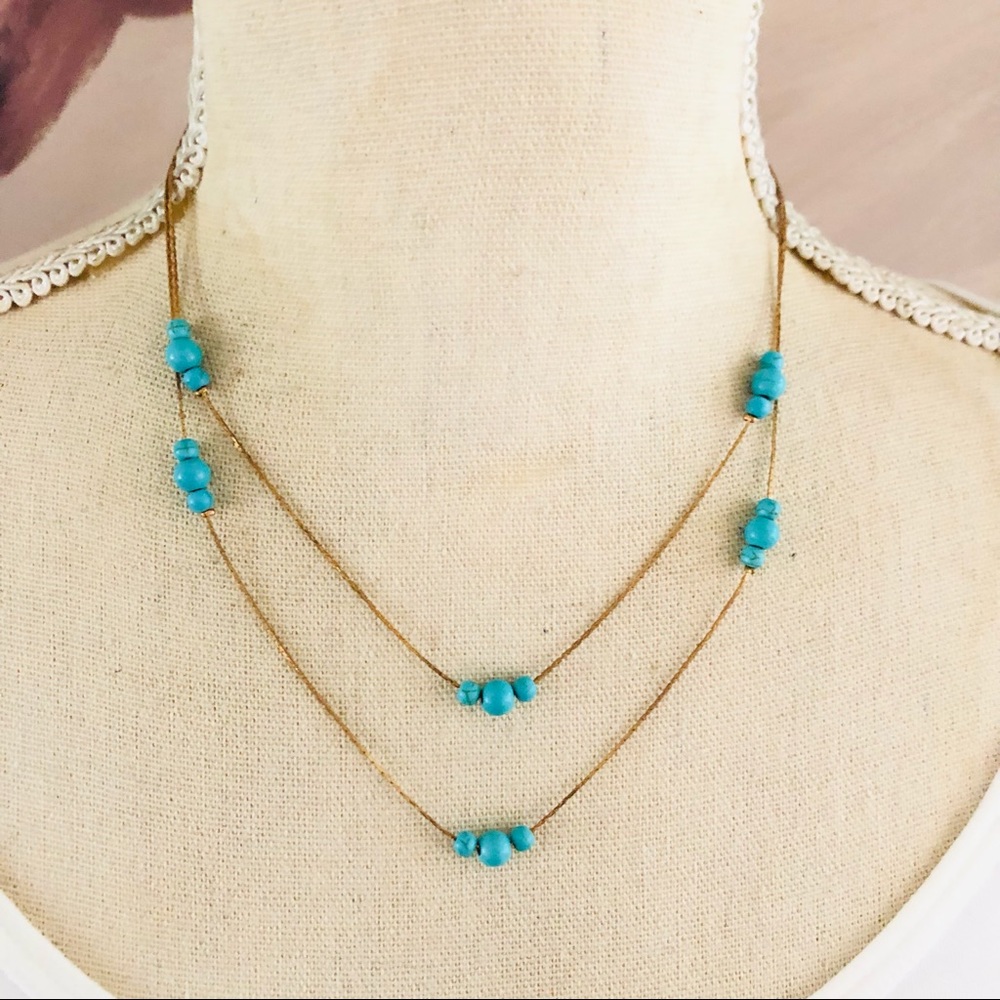 Double strand layered faux turquoise beaded chain necklace